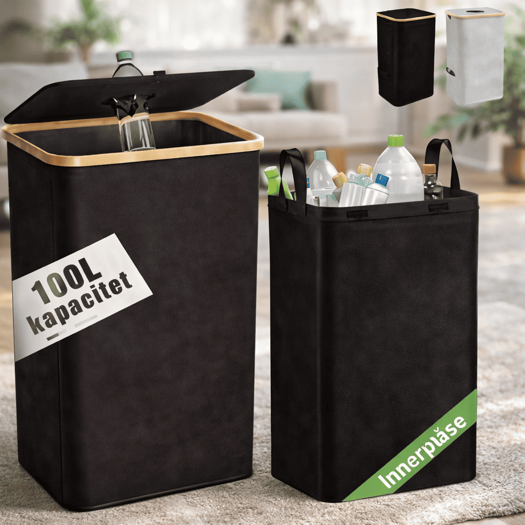 QUINN – Poubelle de recyclage pliable en bambou avec sac intérieur amovible, 100 L, pour la cuisine et le stockage des bouteilles consignées