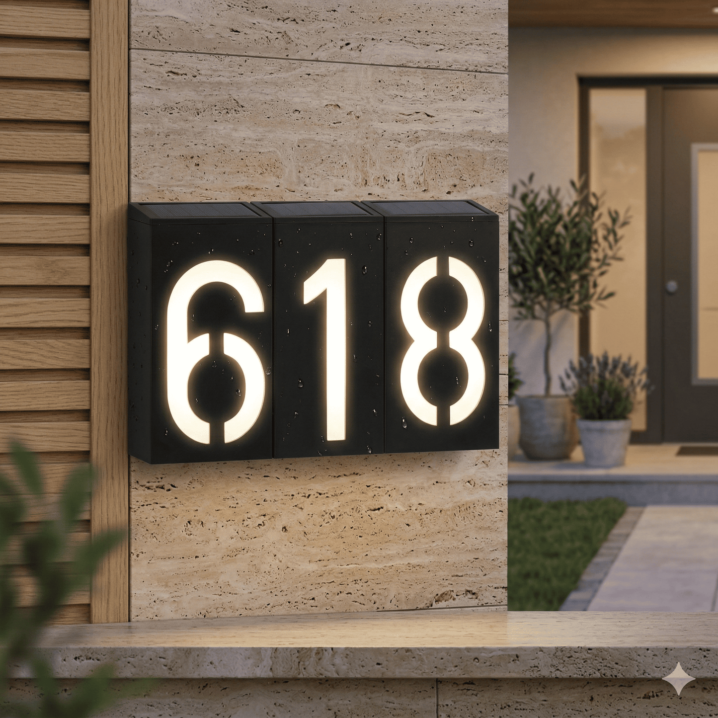 SOLENN – Plaque de numéro de maison à LED alimentée par énergie solaire avec éclairage automatique et boîtier étanche