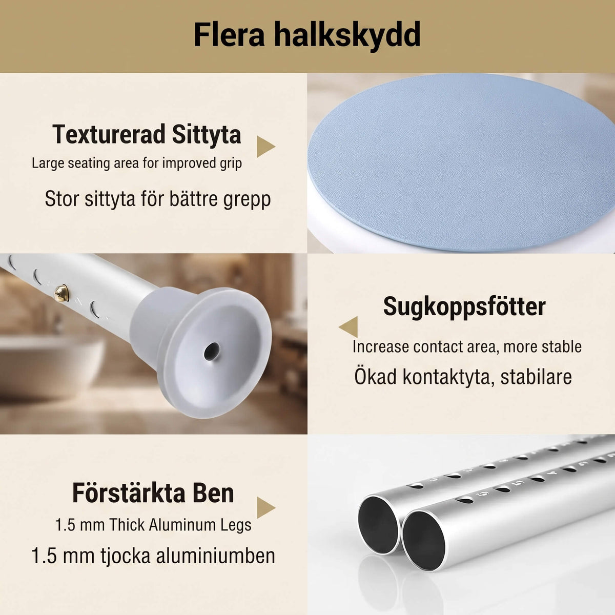 SitEase – Lett & Høydejusterbar Dusjkrakk med Sklisikring og Stabil Aluminiumsramme