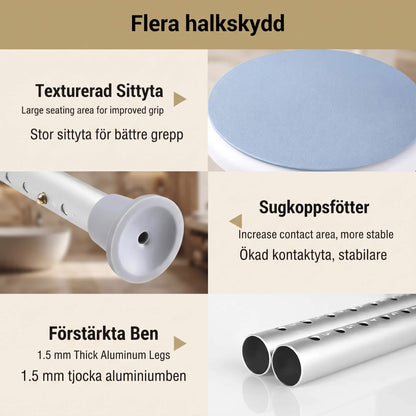 SitEase – Lett & Høydejusterbar Dusjkrakk med Sklisikring og Stabil Aluminiumsramme