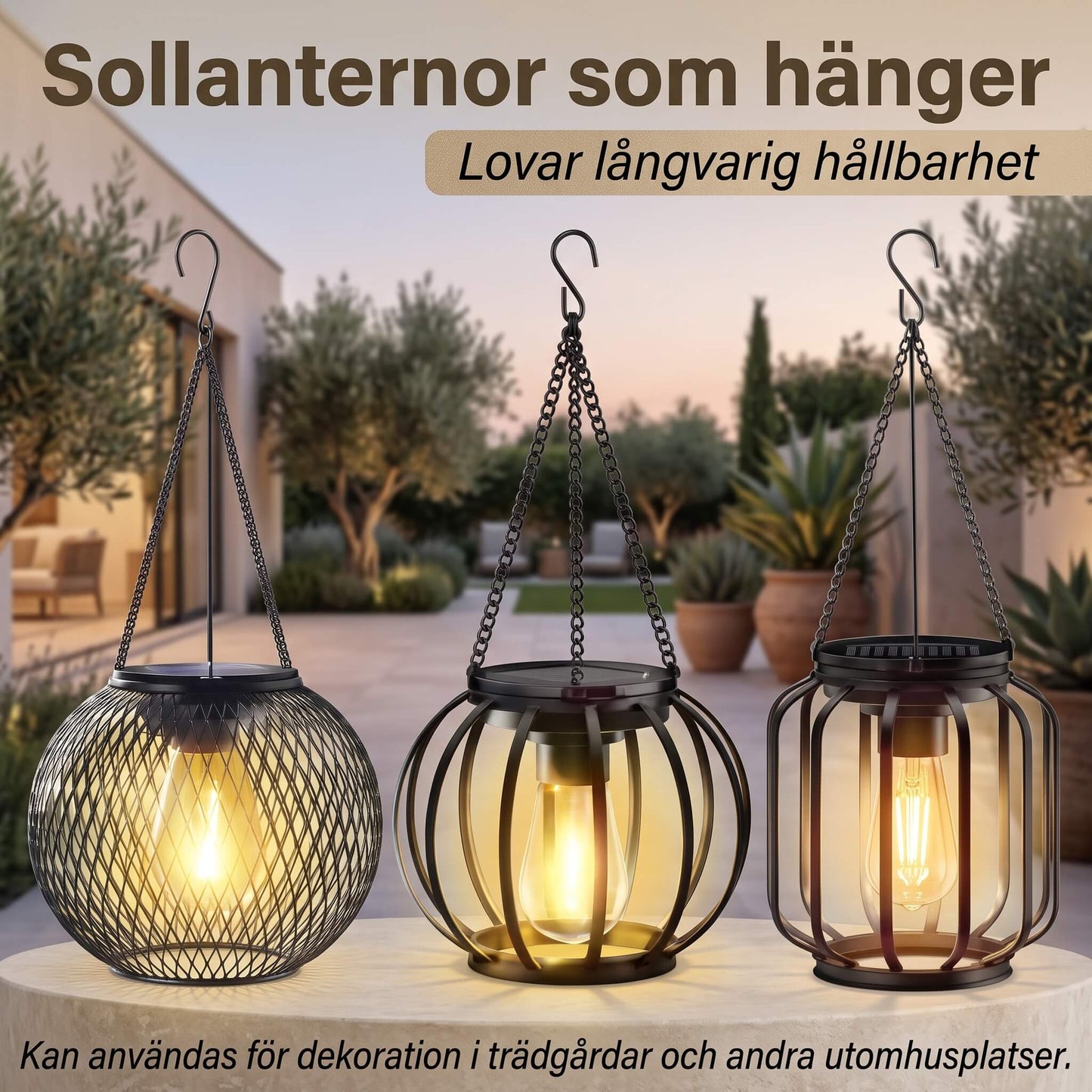 SolarGleam – Sollykta för Utomhusbruk med Varmvit LED-lampa, Hängande Design & Väderbeständig Metallkonstruktion