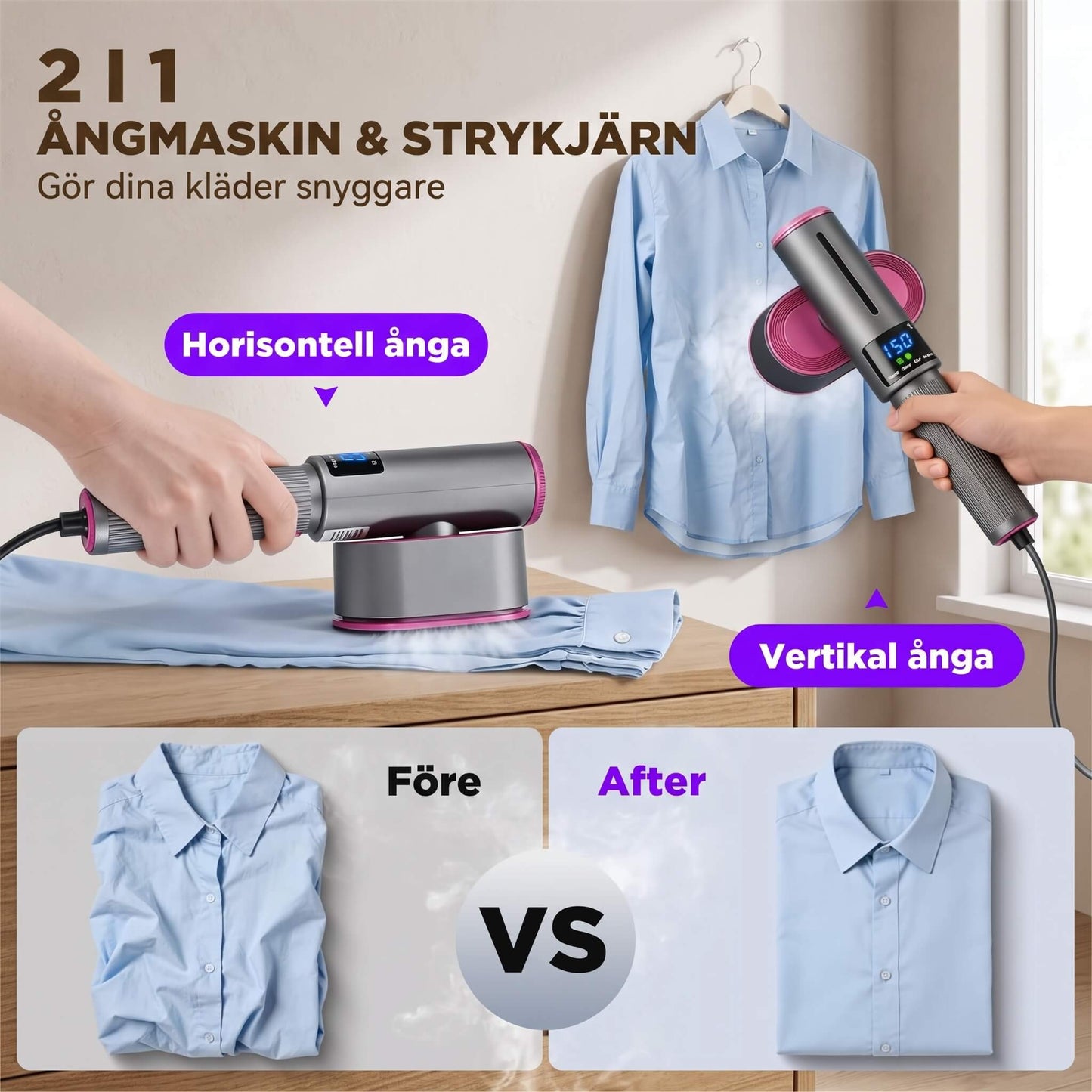 SteamEase – Handhållen Portabel Klädångare & Mini Strykjärn för Hem och Resa