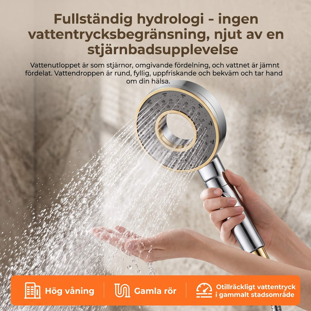 StreamWave – Hånddusj med 3 Justerbare Vannmodus, Trykkforsterkning og Avstengingsknapp