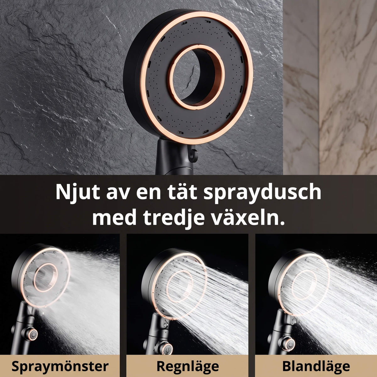 StreamWave – Hånddusj med 3 Justerbare Vannmodus, Trykkforsterkning og Avstengingsknapp