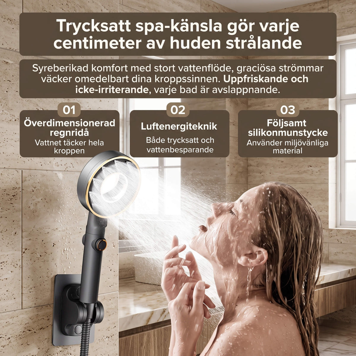 StreamWave – Hånddusj med 3 Justerbare Vannmodus, Trykkforsterkning og Avstengingsknapp