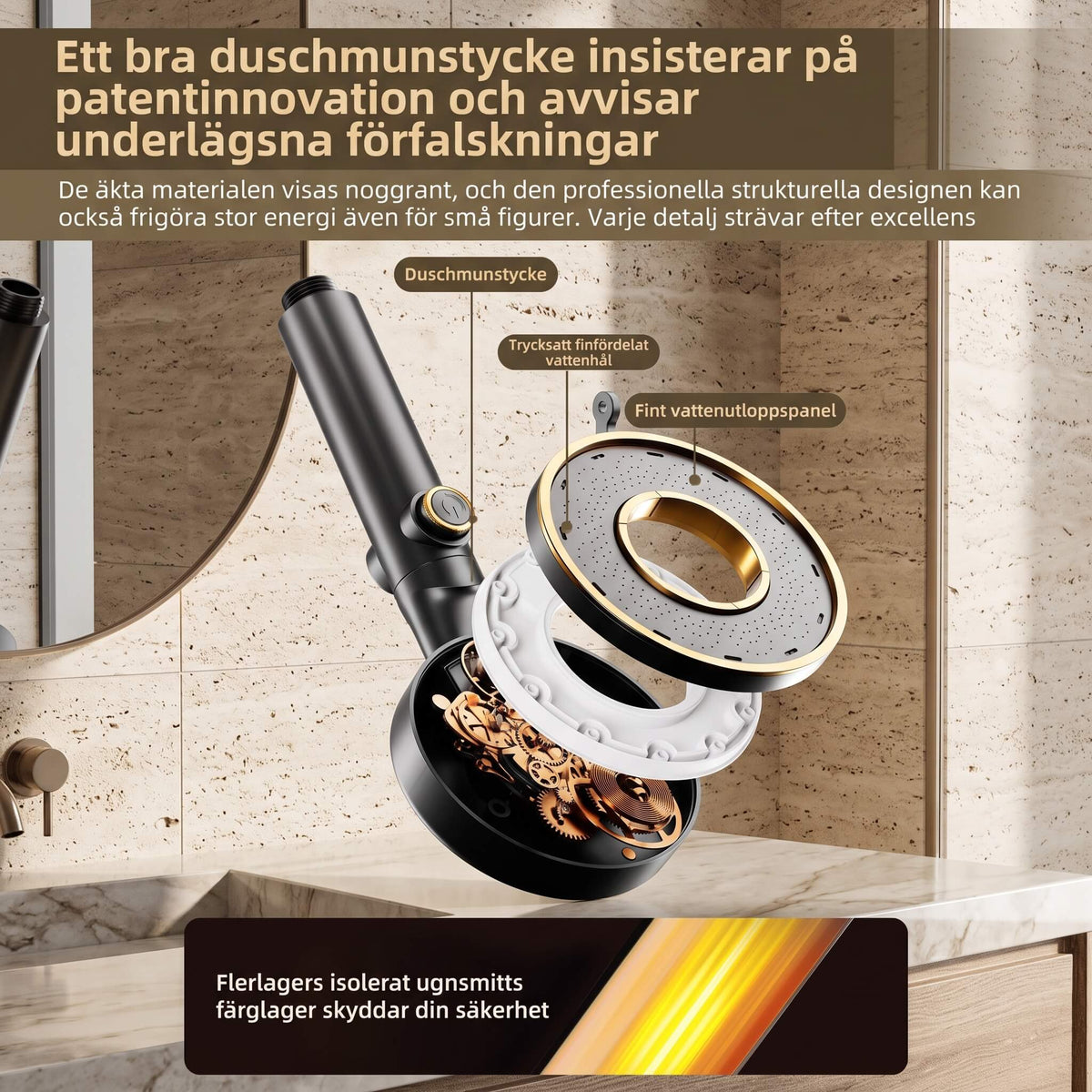 StreamWave – Hånddusj med 3 Justerbare Vannmodus, Trykkforsterkning og Avstengingsknapp