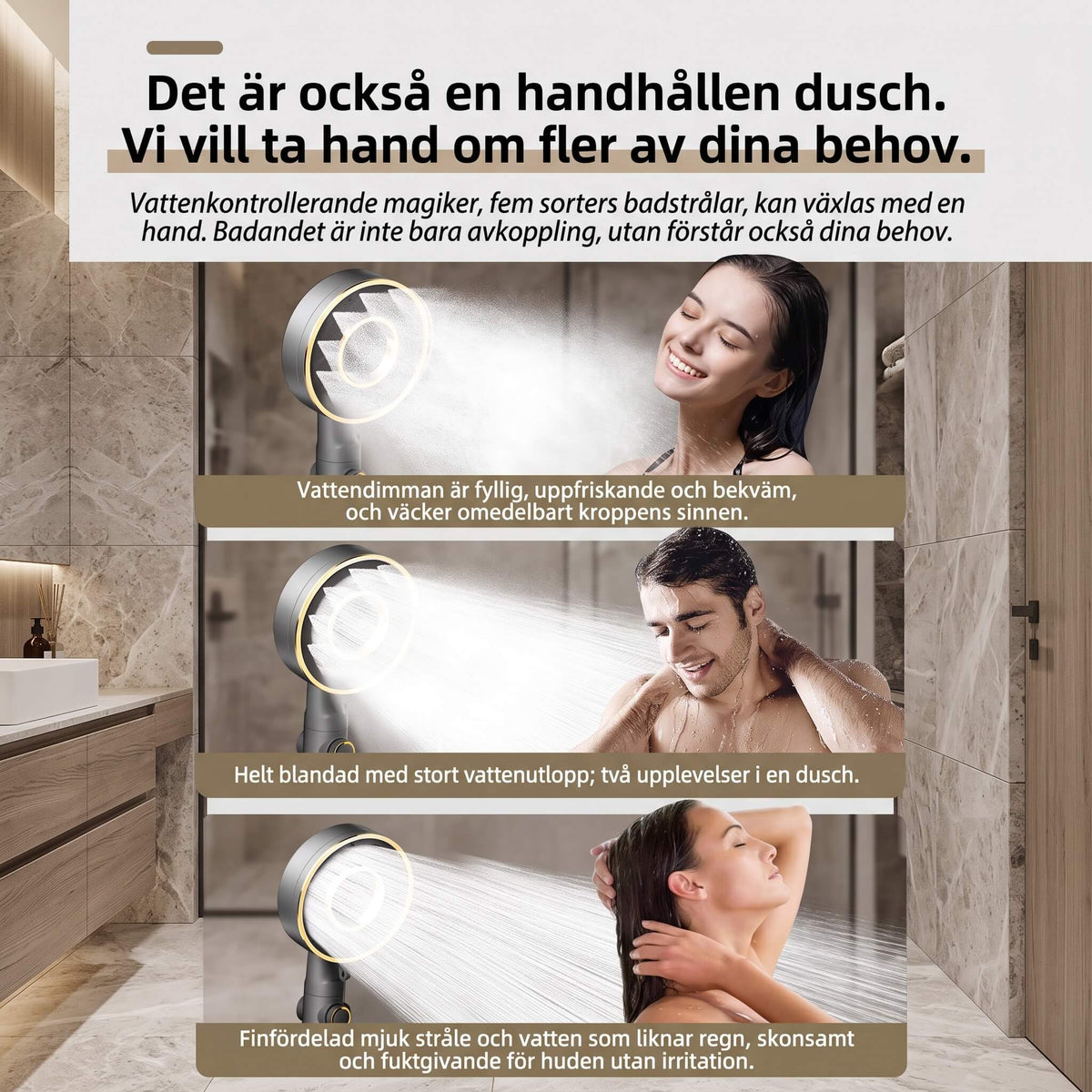 StreamWave – Hånddusj med 3 Justerbare Vannmodus, Trykkforsterkning og Avstengingsknapp