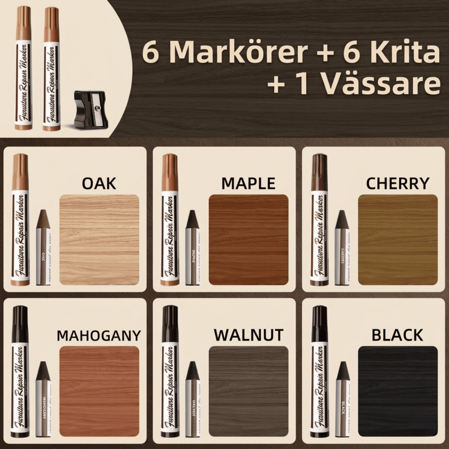 UNO – Kit de réparation pour les rayures sur le bois – 6 marqueurs, 6 crayons et un taille-crayon