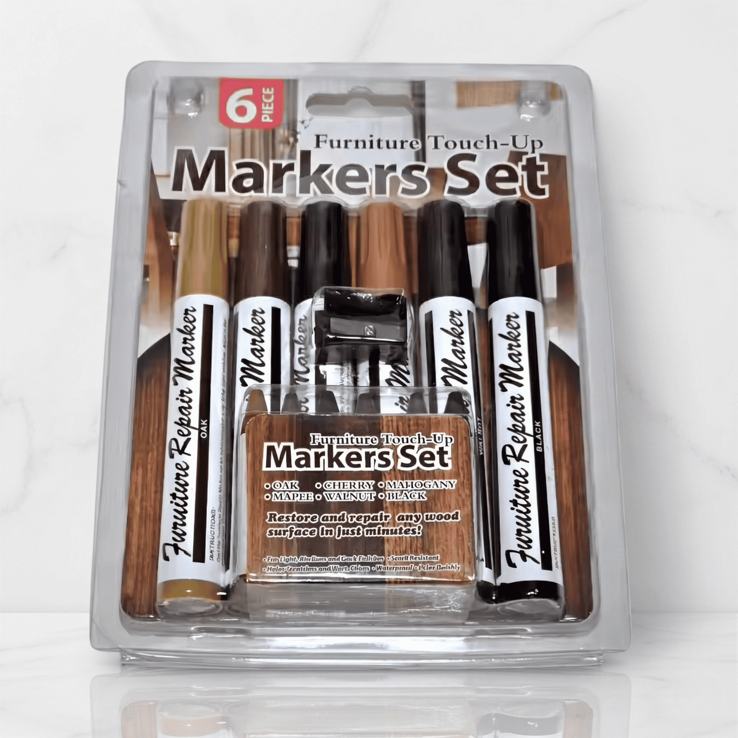UNO – Kit de réparation pour les rayures sur le bois – 6 marqueurs, 6 crayons et un taille-crayon