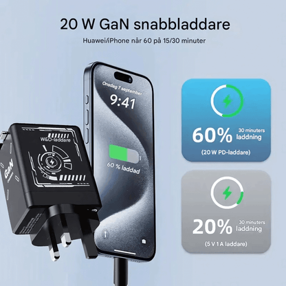 ChargeNest - Kompakt GaN Snabbladdare med Inbyggda Utdragbara Kablar för USB-C & Lightning