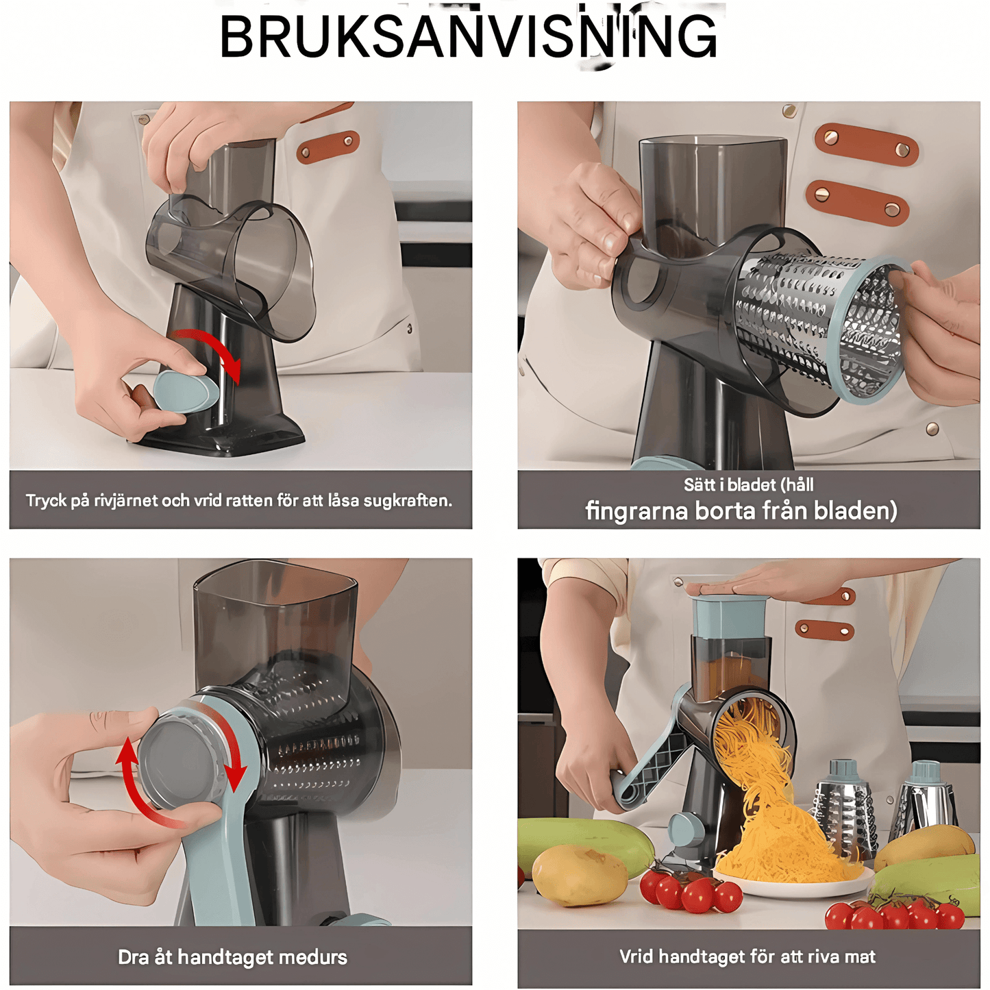 GratePro - 3-in-1 pyörivä raastin viipalointi- ja silpputoiminnolla juustolle, vihanneksille ja pähkinöille 