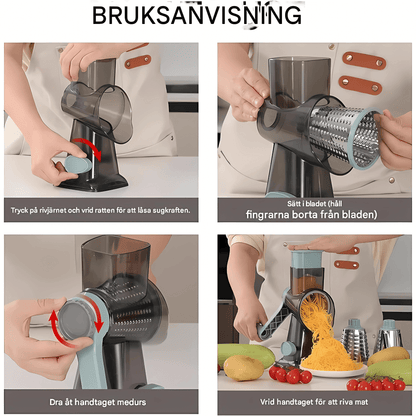 GratePro - 3-in-1 pyörivä raastin viipalointi- ja silpputoiminnolla juustolle, vihanneksille ja pähkinöille 