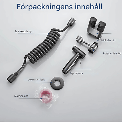 FlushEase – Hånddusj for Toalett i Rustfritt Stål, Doble Utganger & Teleskopslange