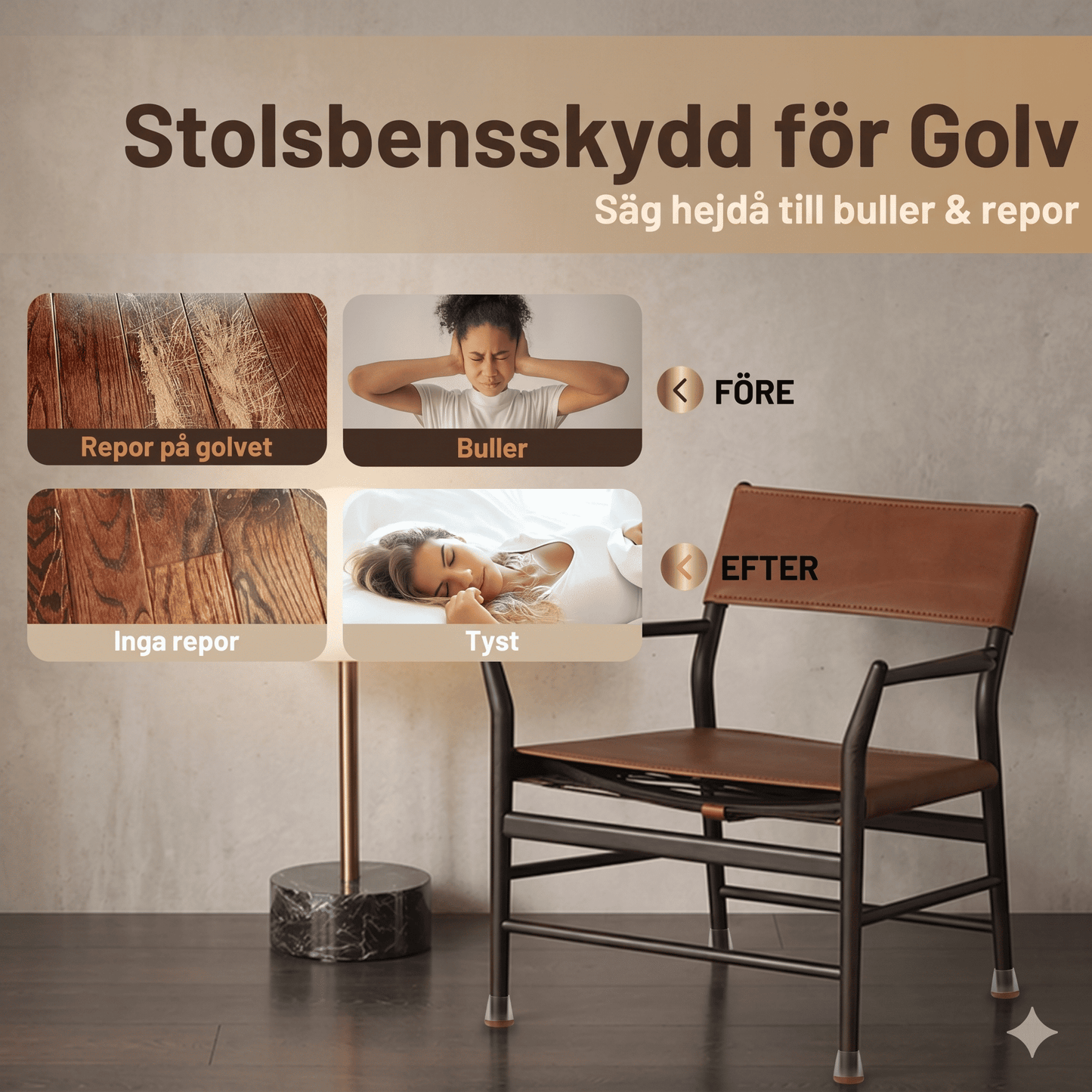 VALTER – 4-pak stolbenbeskyttere i silikone med filtkantet underside til trægulve, fliser og marmor – skridsikre møbelbeskyttere