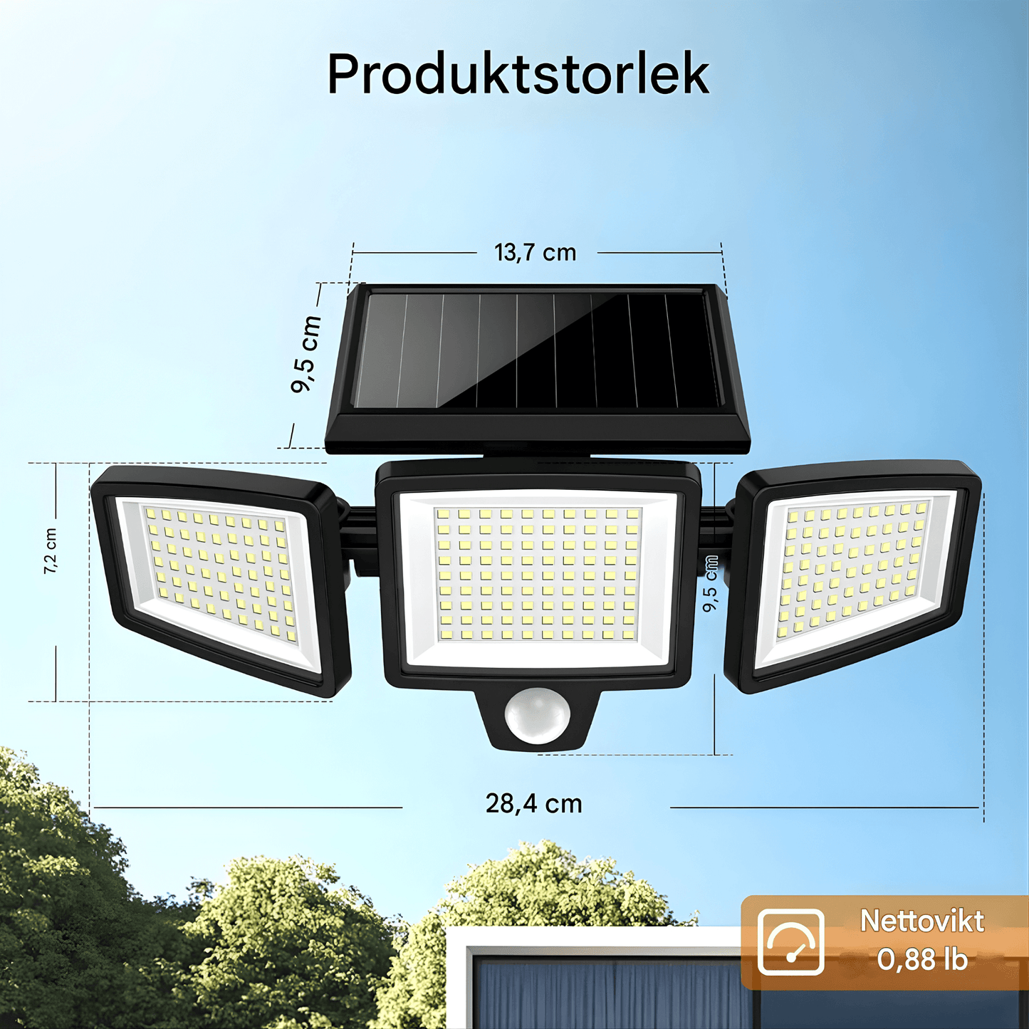 WESLEY – Éclairage extérieur à 3 têtes alimenté par énergie solaire avec détecteur de mouvement et télécommande pour jardins, façades et allées