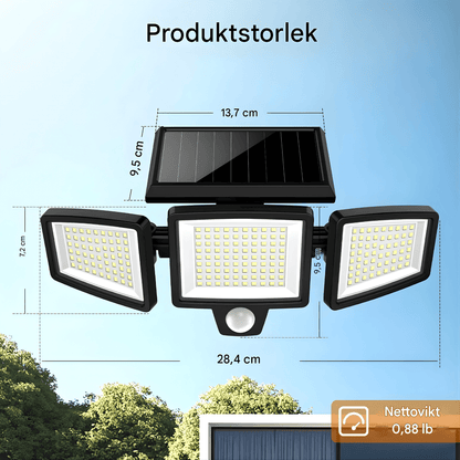 WESLEY – Éclairage extérieur à 3 têtes alimenté par énergie solaire avec détecteur de mouvement et télécommande pour jardins, façades et allées