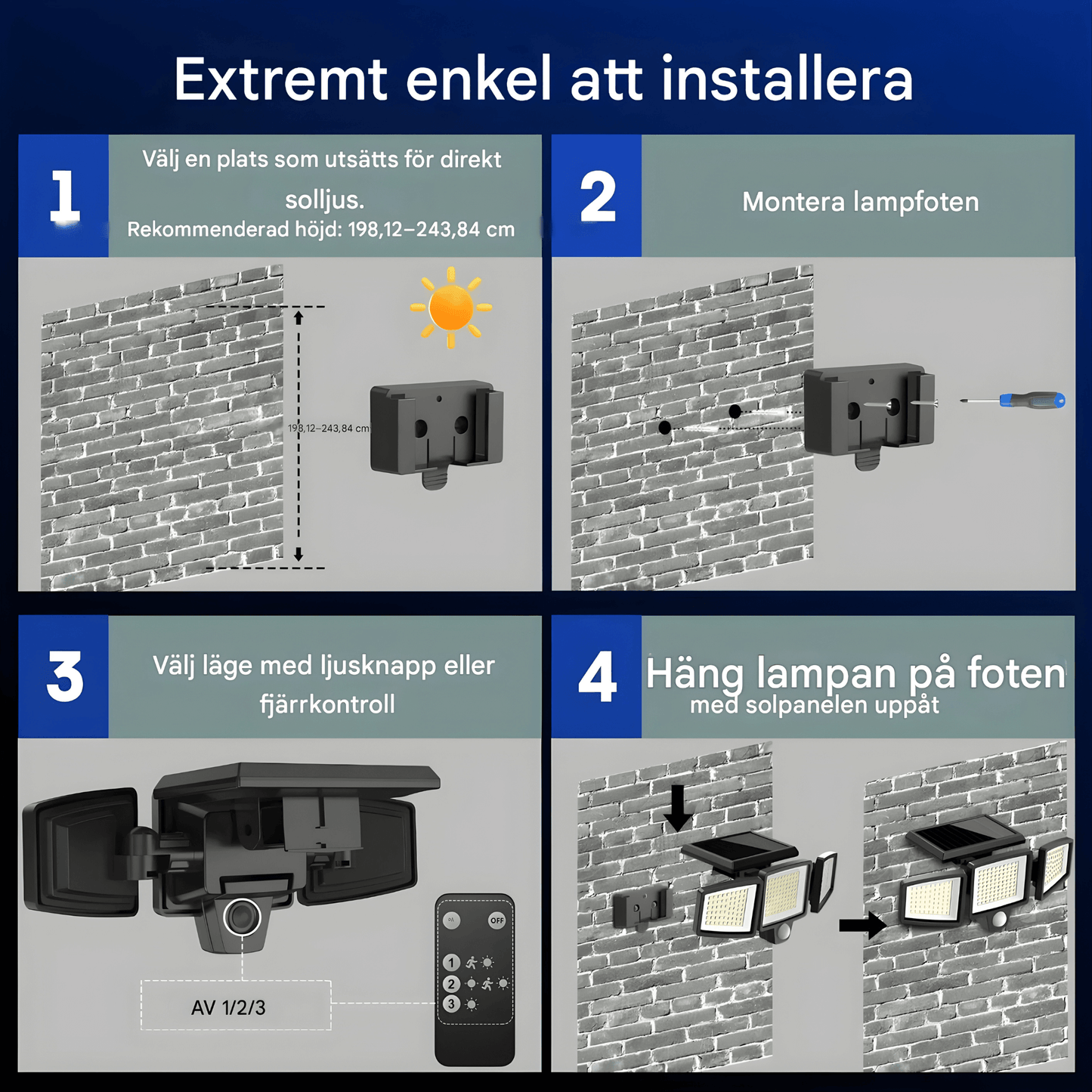 WESLEY – Éclairage extérieur à 3 têtes alimenté par énergie solaire avec détecteur de mouvement et télécommande pour jardins, façades et allées