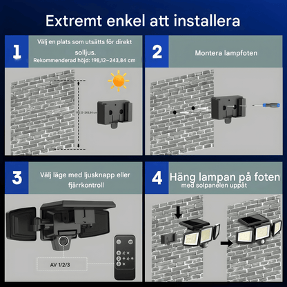 WESLEY – Éclairage extérieur à 3 têtes alimenté par énergie solaire avec détecteur de mouvement et télécommande pour jardins, façades et allées