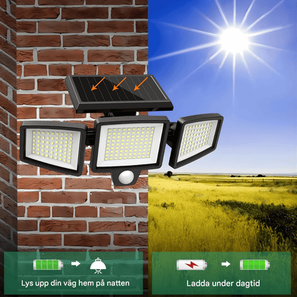 WESLEY – Éclairage extérieur à 3 têtes alimenté par énergie solaire avec détecteur de mouvement et télécommande pour jardins, façades et allées