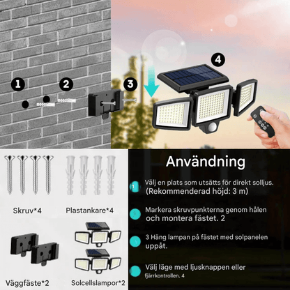 WESLEY – Éclairage extérieur à 3 têtes alimenté par énergie solaire avec détecteur de mouvement et télécommande pour jardins, façades et allées