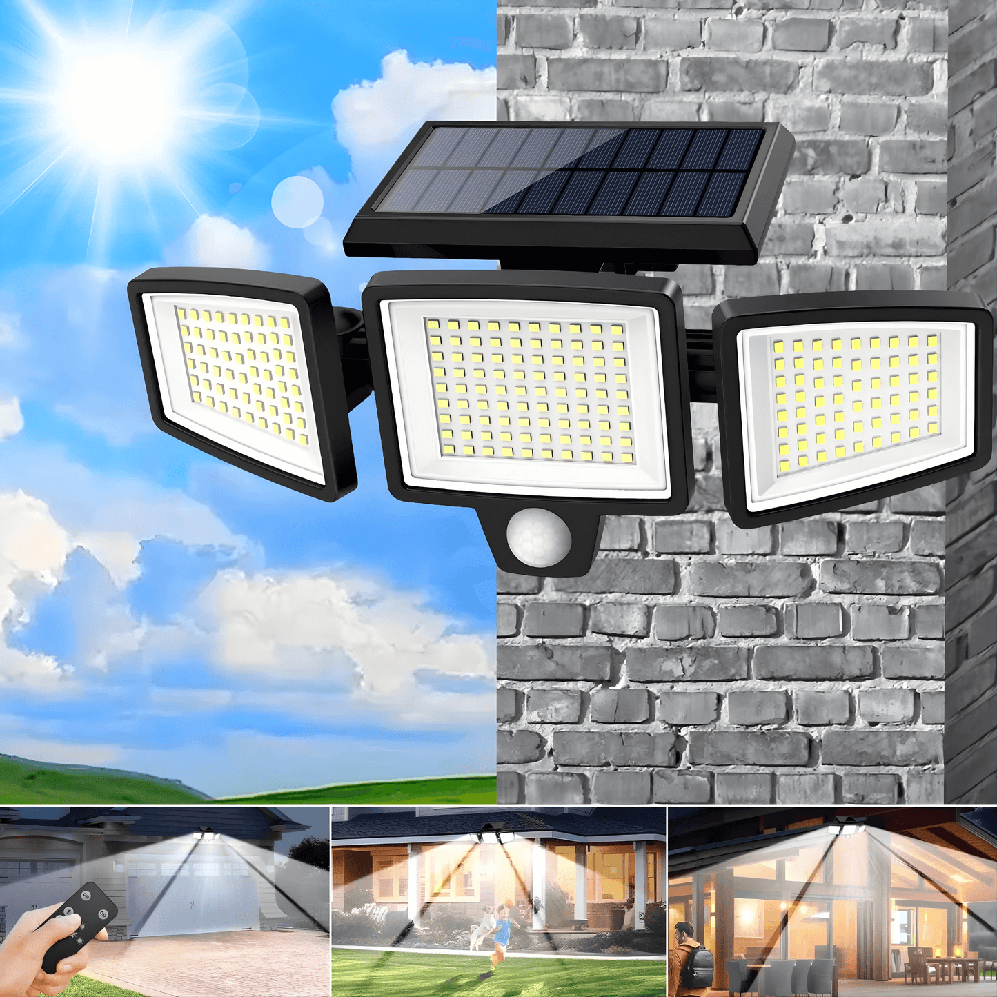WESLEY – Éclairage extérieur à 3 têtes alimenté par énergie solaire avec détecteur de mouvement et télécommande pour jardins, façades et allées