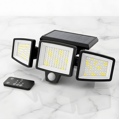 WESLEY – Éclairage extérieur à 3 têtes alimenté par énergie solaire avec détecteur de mouvement et télécommande pour jardins, façades et allées