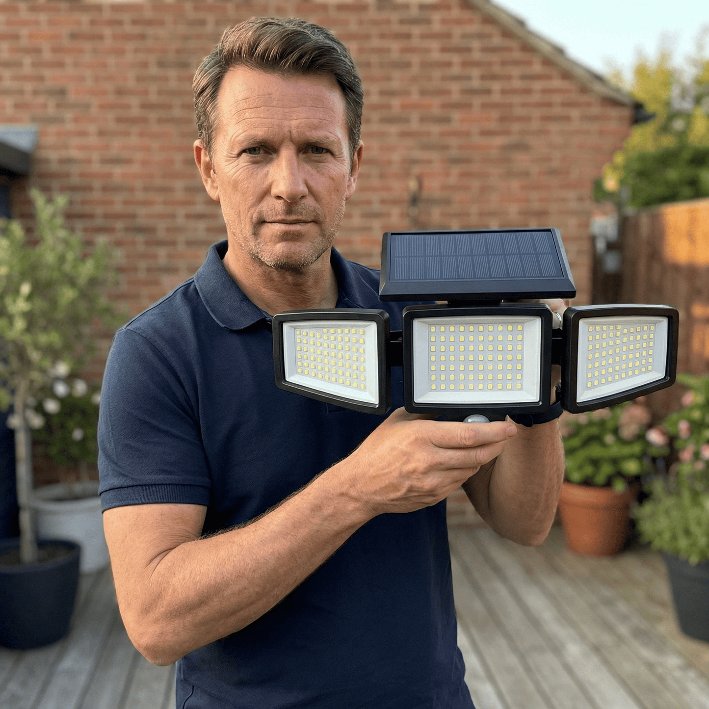 WESLEY – Éclairage extérieur à 3 têtes alimenté par énergie solaire avec détecteur de mouvement et télécommande pour jardins, façades et allées