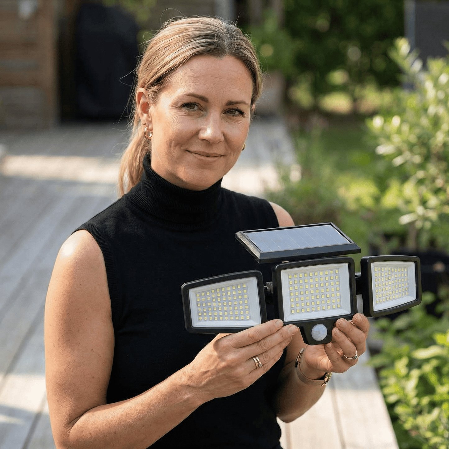 WESLEY – Éclairage extérieur à 3 têtes alimenté par énergie solaire avec détecteur de mouvement et télécommande pour jardins, façades et allées