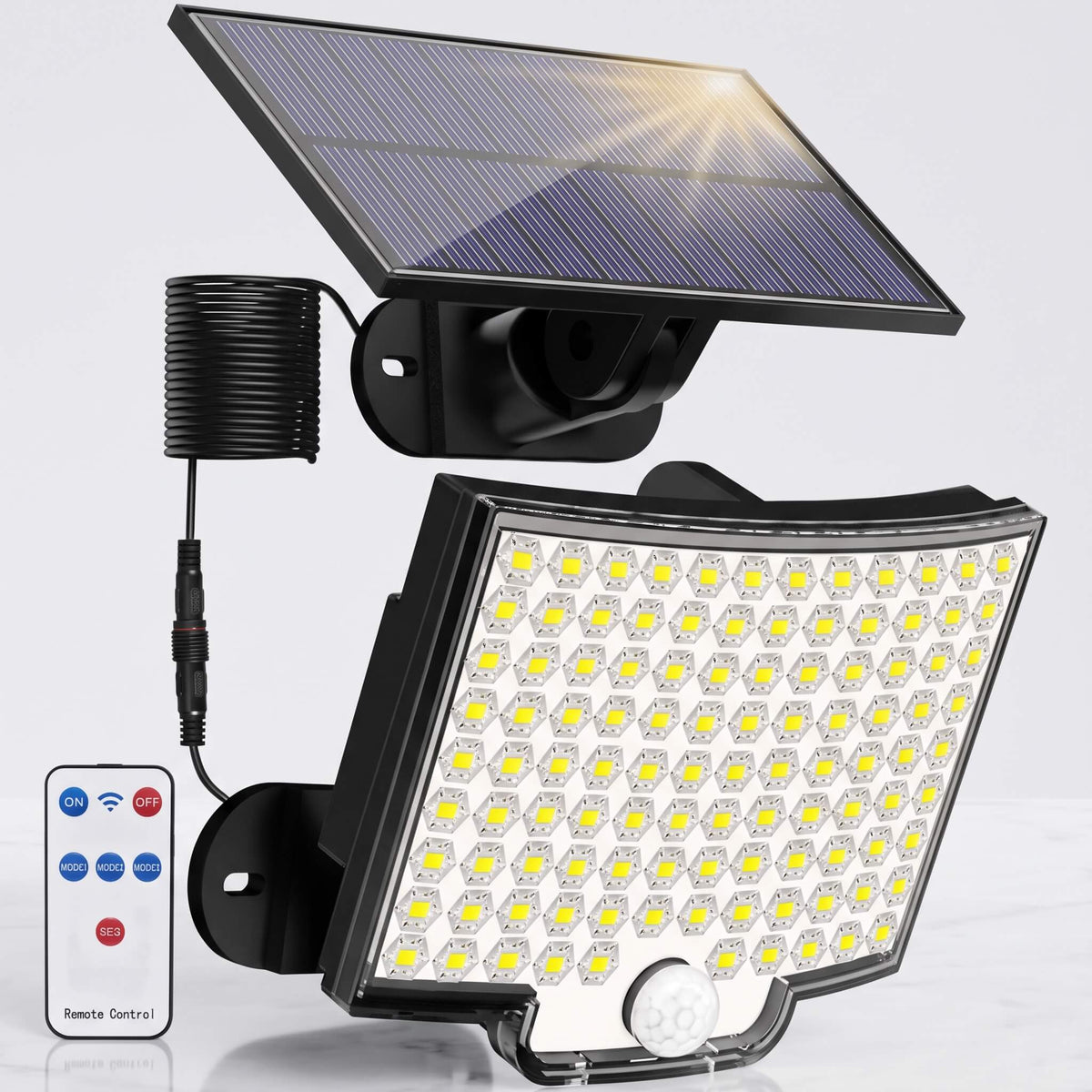 WILMA – Solcellsdriven LED-Lampa med Rörelsesensor 106 LED och 180° Vidvinkel – IP65, 4 Belysningslägen och Separat Solpa
