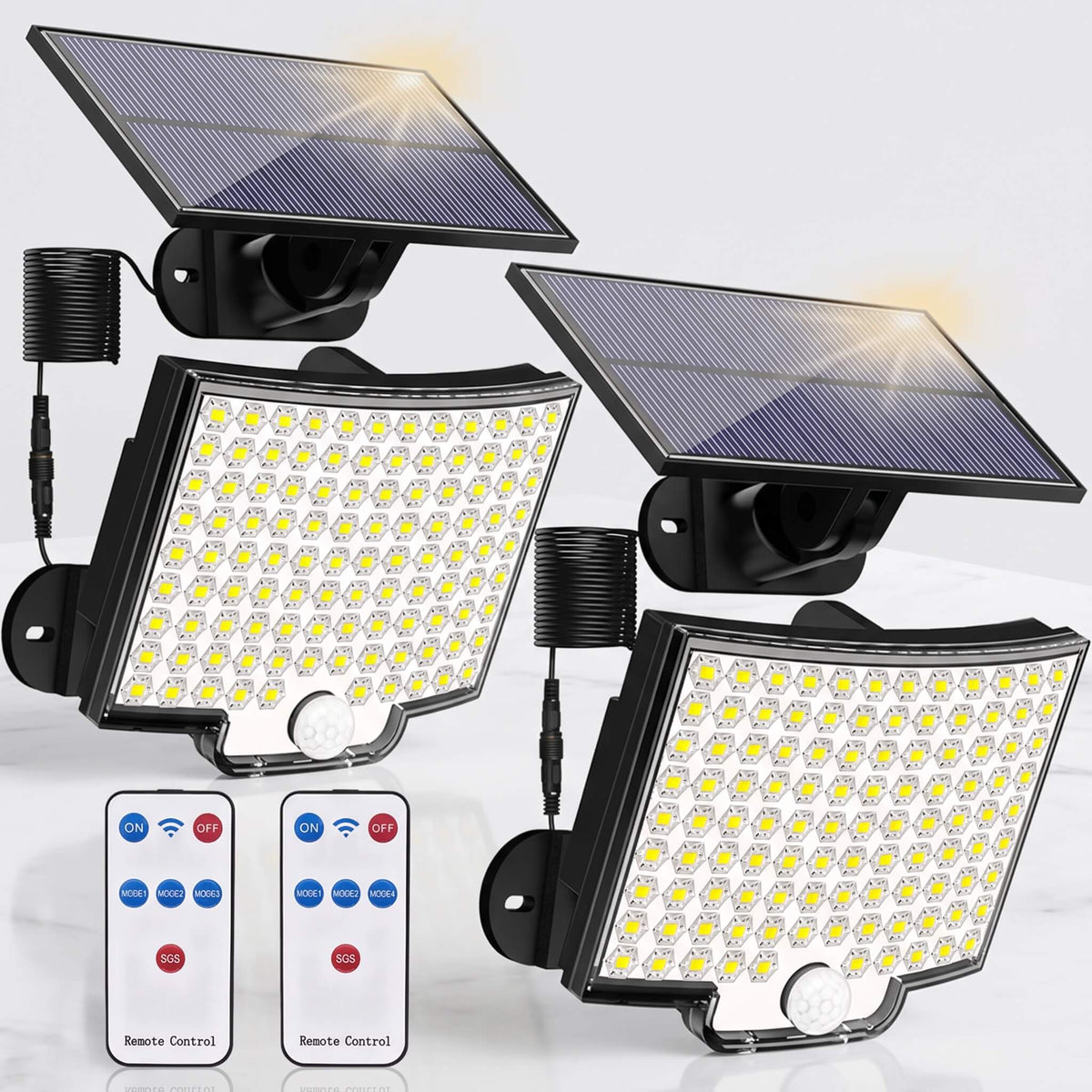 WILMA – Solcellsdriven LED-Lampa med Rörelsesensor 106 LED och 180° Vidvinkel – IP65, 4 Belysningslägen och Separat Solpa