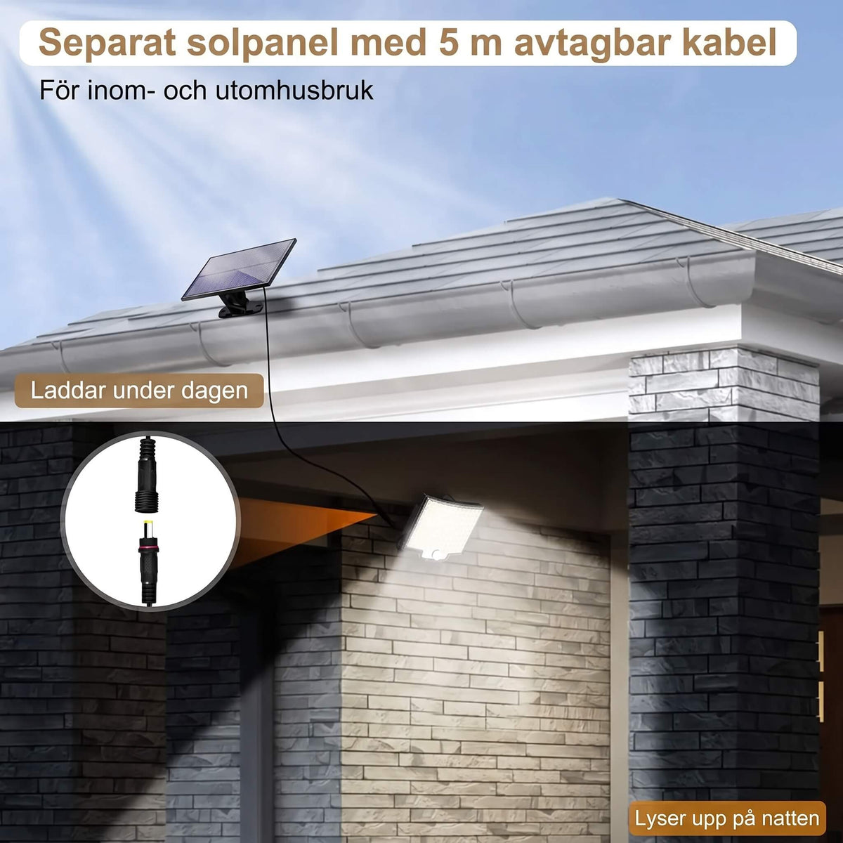 WILMA – Solcellsdriven LED-Lampa med Rörelsesensor 106 LED och 180° Vidvinkel – IP65, 4 Belysningslägen och Separat Solpa