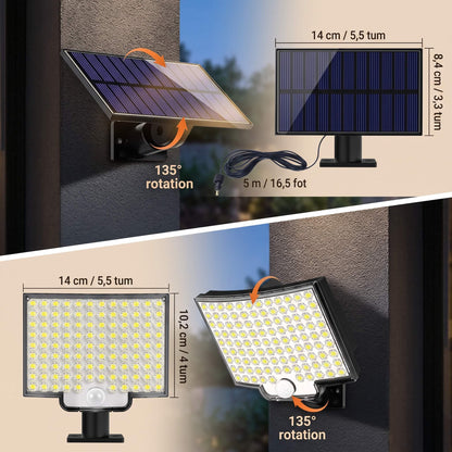 WILMA – Solcellsdriven LED-Lampa med Rörelsesensor 106 LED och 180° Vidvinkel – IP65, 4 Belysningslägen och Separat Solpa