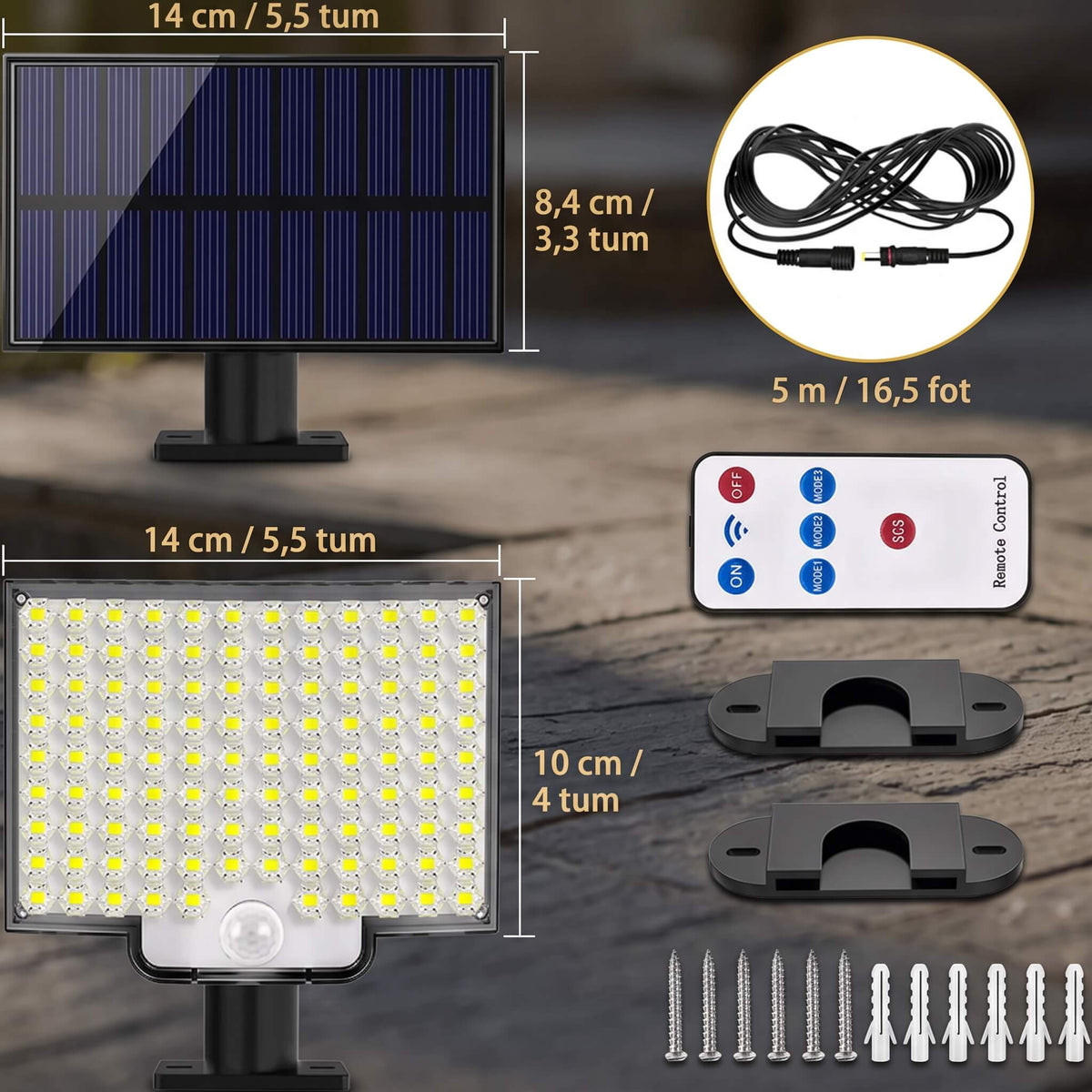 WILMA – Solcellsdriven LED-Lampa med Rörelsesensor 106 LED och 180° Vidvinkel – IP65, 4 Belysningslägen och Separat Solpa