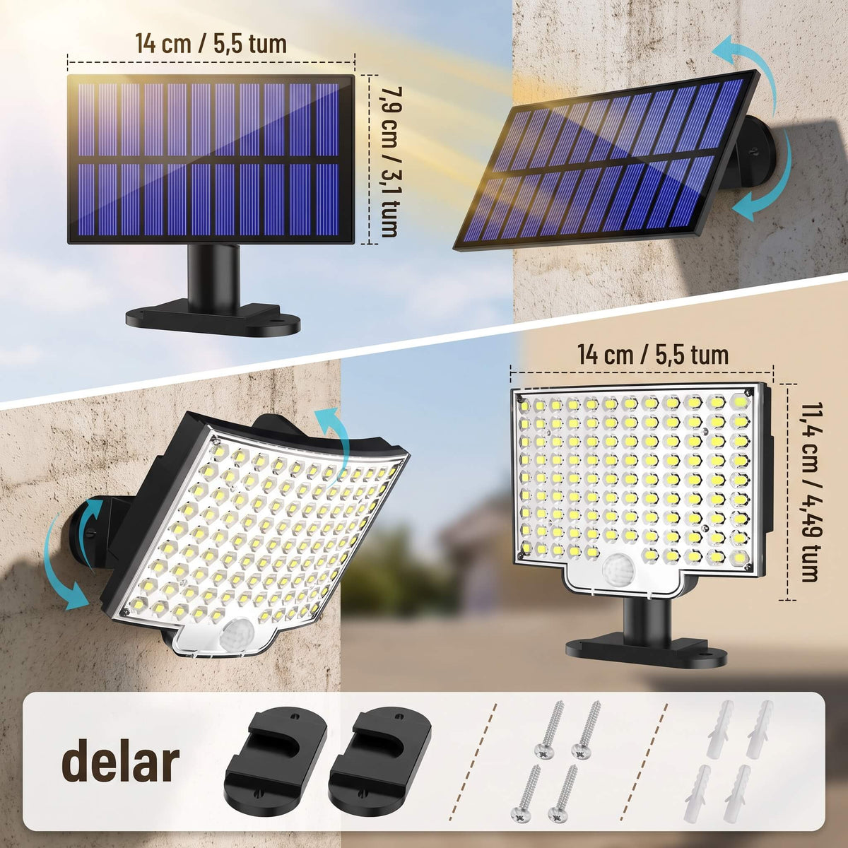 WILMA – Solcellsdriven LED-Lampa med Rörelsesensor 106 LED och 180° Vidvinkel – IP65, 4 Belysningslägen och Separat Solpa