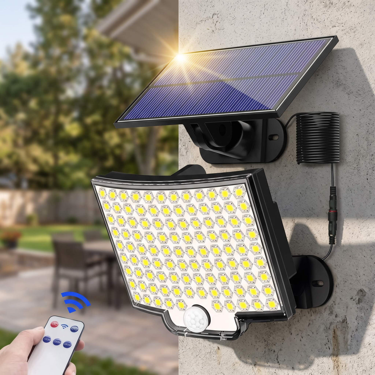 WILMA – Solcellsdriven LED-Lampa med Rörelsesensor 106 LED och 180° Vidvinkel – IP65, 4 Belysningslägen och Separat Solpa