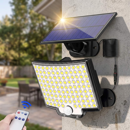 WILMA – Solcellsdriven LED-Lampa med Rörelsesensor 106 LED och 180° Vidvinkel – IP65, 4 Belysningslägen och Separat Solpa