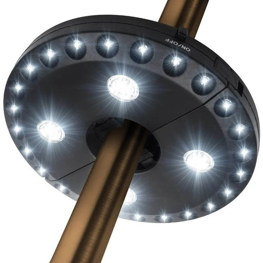 DENNIS - LED-lampa för Utomhusparasoll med 24 Huvudlampor och 4 Spotlights för Uteplats och Camping